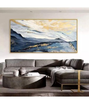 Living Room Home Decor Blue Gold Foil Simple Abstract Oil Painting Hand Painted Modern Textured Landscape Canvas Oil Painting