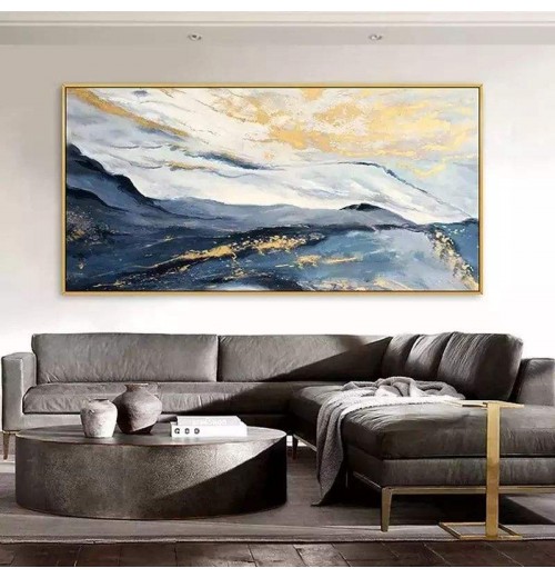 Living Room Home Decor Blue Gold Foil Simple Abstract Oil Painting Hand Painted Modern Textured Landscape Canvas Oil Painting