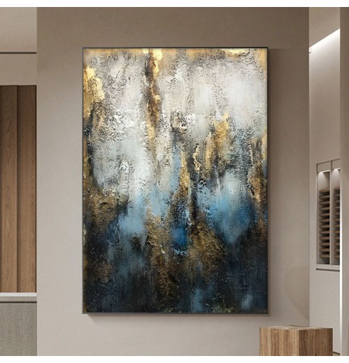 Modern Home Decor 100% Hand Painted Blue and Golden Canvas Abstract Texture High Quality Oil Painting For Living Room Paintings