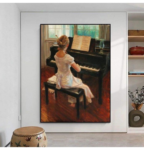 Customized Handmade or Printed Oil Painting for Home Decor Wall Piano Room Decorative Painting Child Girl Music Classical