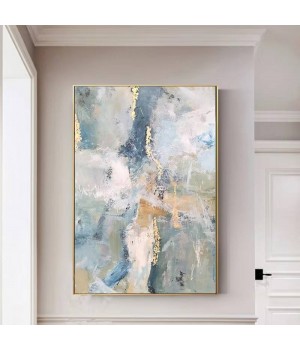 Custom Modern Luxury Blue Gold Foil Heavy Textured Abstract Handmade Canvas Oil Painting for Home Living Room Wall Art Decor