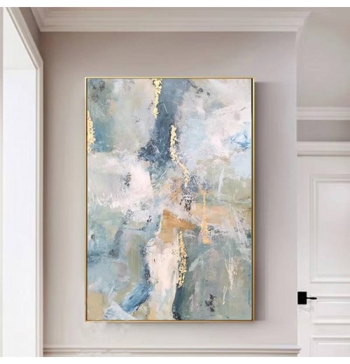 Custom Modern Luxury Blue Gold Foil Heavy Textured Abstract Handmade Canvas Oil Painting for Home Living Room Wall Art Decor