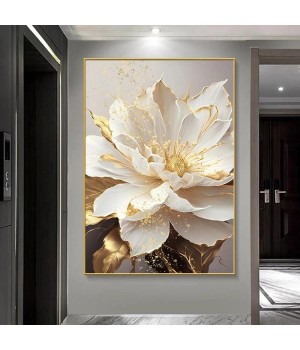 Modern Abstract White Flower Oil Painting with Gold Leaf Original Hand-Made Canvas Art for Luxury Living Room Home Decoration