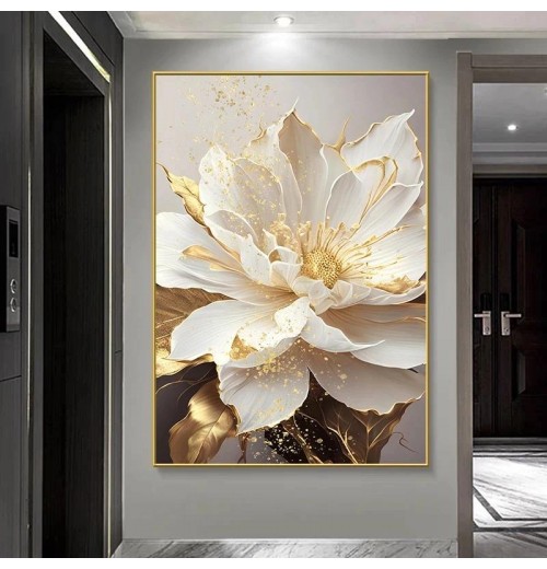 Modern Abstract White Flower Oil Painting with Gold Leaf Original Hand-Made Canvas Art for Luxury Living Room Home Decoration