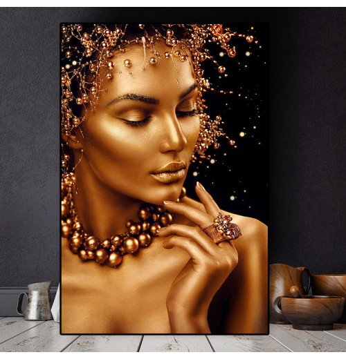 Sexy Nude Artwork Black and Gold Woman Canvas painting Posters Wall Art HD Pictures Oil Painting for Living Room Decor Murals