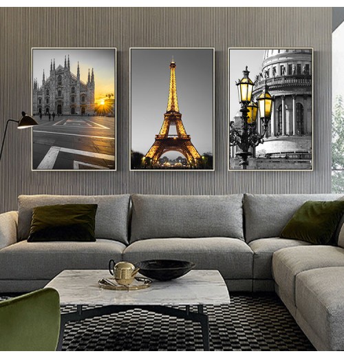 Paris Eiffel tower scenery landscape wall art painting custom cheap home hotel decor 3 pcs piece set modern design decoration