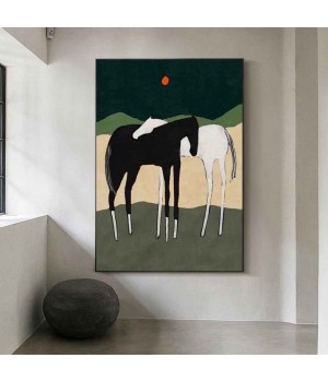 SQ Abstract White and Black Horses oil painting on Canvas Large Horse Hand Painted Modern Animal Painting for Living Room