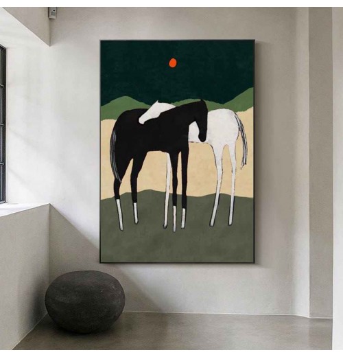 SQ Abstract White and Black Horses oil painting on Canvas Large Horse Hand Painted Modern Animal Painting for Living Room